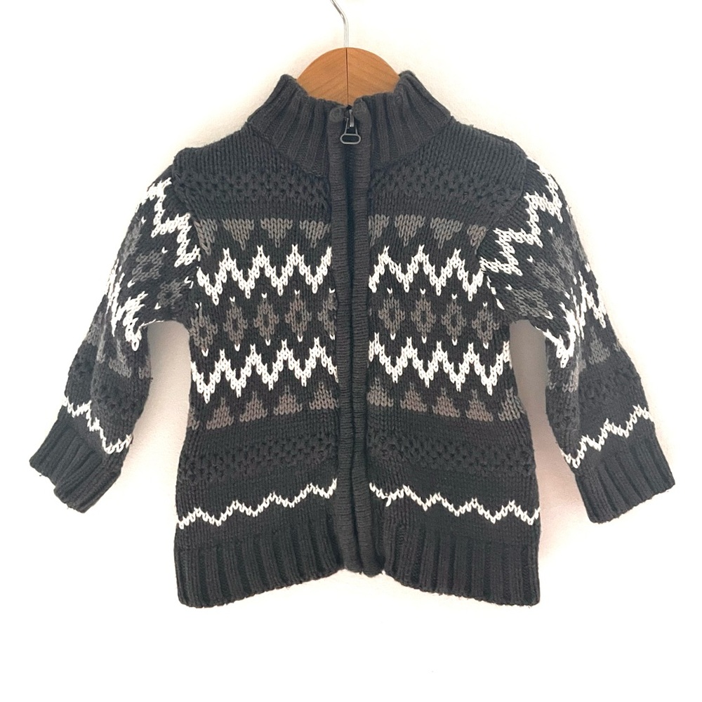 5/$30💥Nordic Fair Isle Full-Zip Up Cardigan Sweater, Thick Jacquard, Gray Ivory